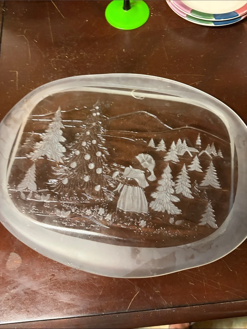 Etched Glass Holiday Serving Platter - Scenic Winter Tree Design
